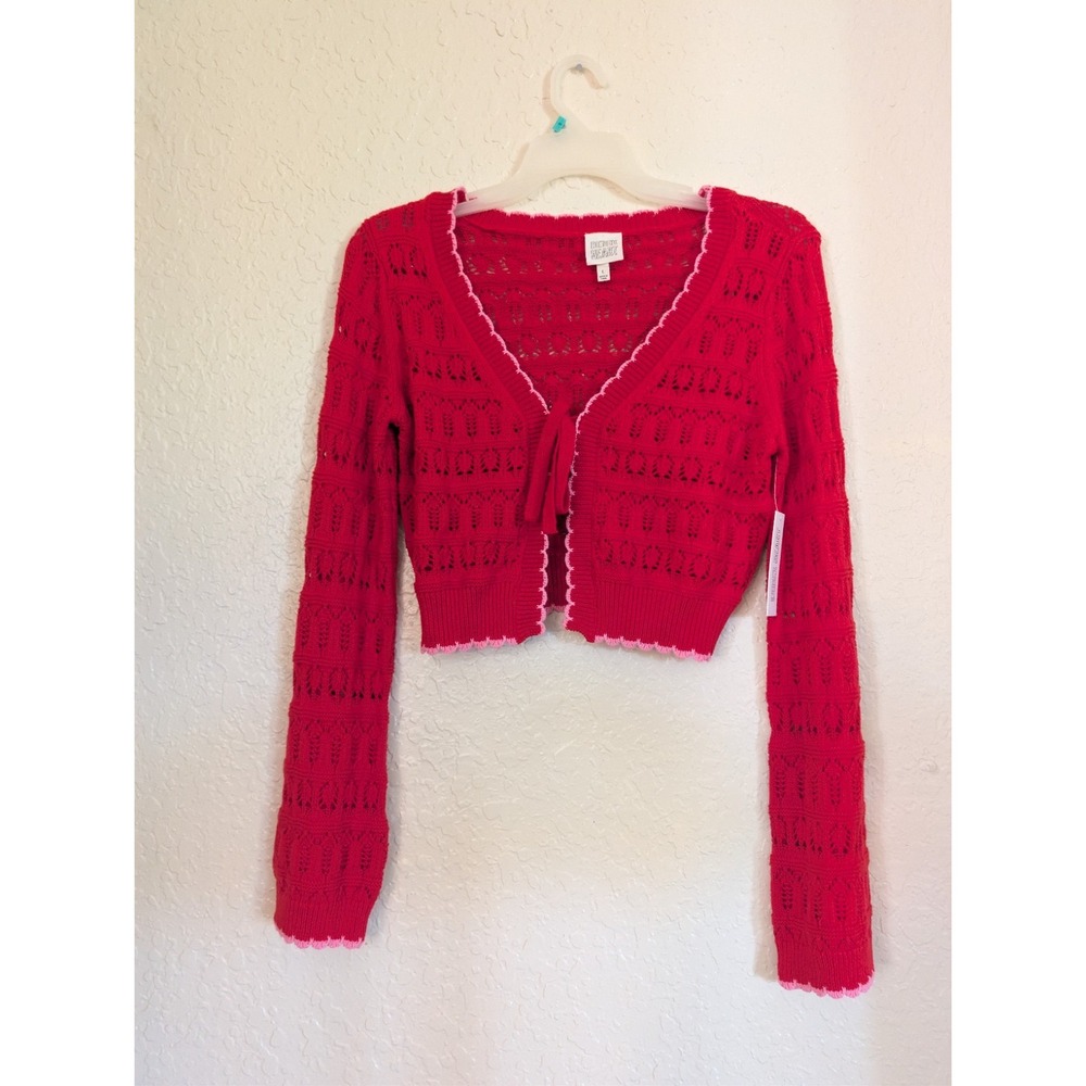 Derek Heart Red Pink Tie Front Cropped Cotton Open Knit Cardigan Sweater L